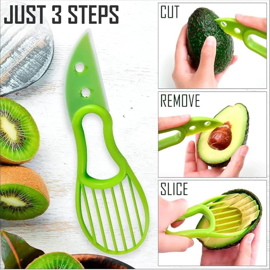 AvocadoSlicer Tool 3 in 1 – Food-Grade Plastic Cutter, Peeler & Pit Remover for Easy Slicing, Scooping & Quick Food Prep